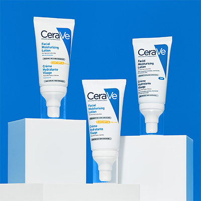 #1: AM Facial Moisturising Lotion SPF 50, AM Facial Moisturising Lotion SPF 30, and PM Facial Moisturising Lotion on white podiums against blue background 